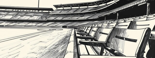 A baseball stadium grandstand with empty seats. View from the stadium stand. Sketch illustration