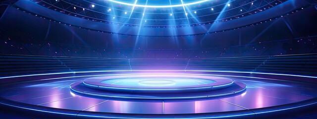The stadium's stage hall with round stage neon lights.