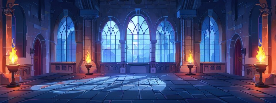 Hall in a magic castle with torches, candles. Stained glass windows and stone walls.