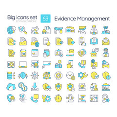 Evidence management RGB color icons set. Forensic analysis, cybersecurity. Criminal investigation. Isolated vector illustrations. Simple filled line drawings collection. Editable stroke