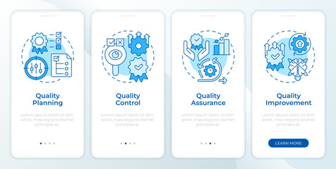 Quality management components blue onboarding mobile app screen. Walkthrough 4 steps editable graphic instructions with linear concepts. UI, UX, GUI template. Montserrat SemiBold, Regular fonts used