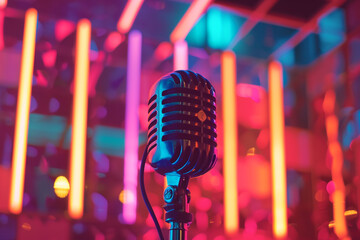 A detailed view of a microphone set against the vibrant backdrop of a conference hall - Powered by Adobe