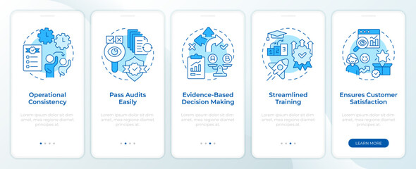 QMS organization benefits blue onboarding mobile app screen. Walkthrough 5 steps editable graphic instructions with linear concepts. UI, UX, GUI template. Montserrat SemiBold, Regular fonts used