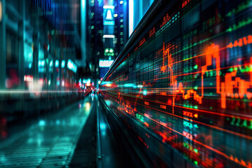 Obraz premium A digital background displaying live trade data, stocks and shares in motion, embodying the pulse of WallStreet 