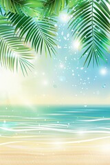 Illustration of sunny beach scene with palm leaves and sparkling ocean
