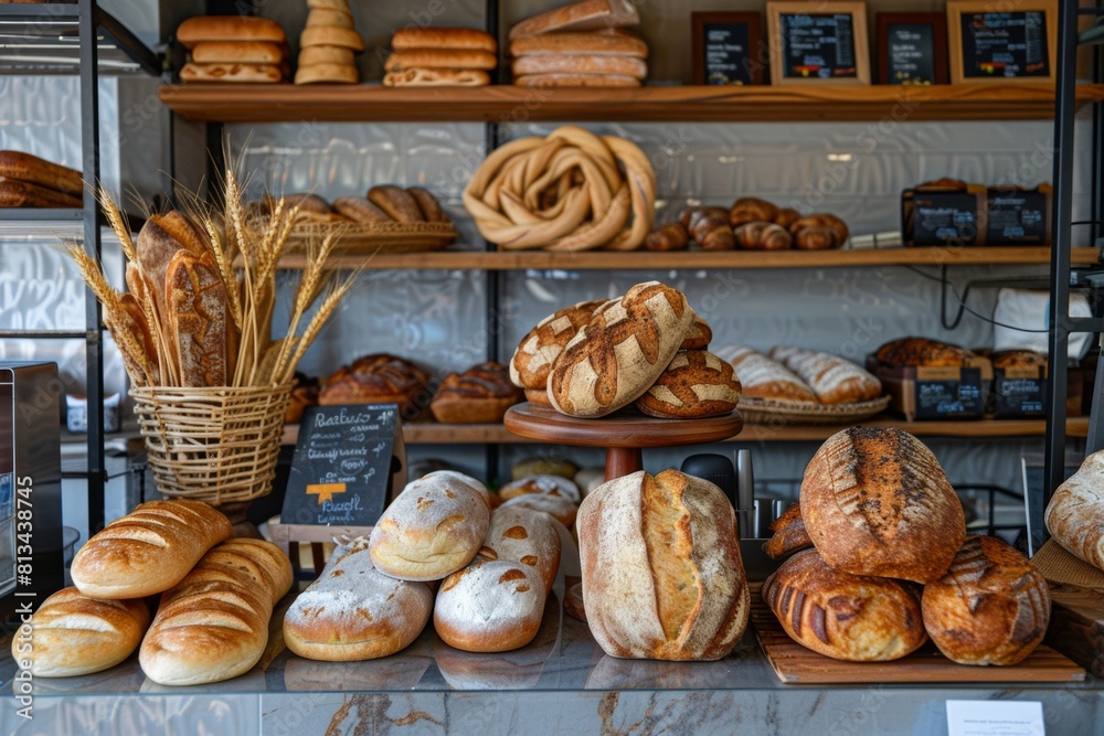 Poster a vibrant bakery showcases a diverse array of freshly baked bread, arranged neatly on shelves. gener