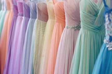 Many elegant pastel color formal dresses for sale in luxury modern shop boutique