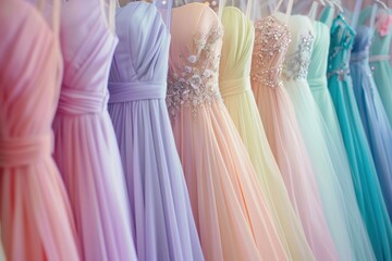 Many elegant pastel color formal dresses for sale in luxury modern shop boutique