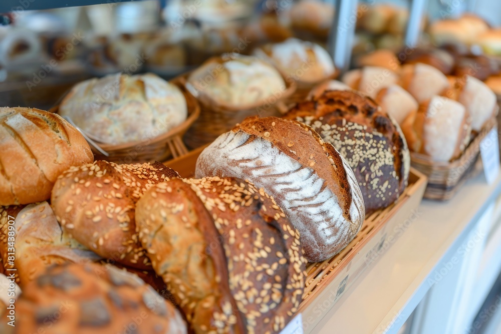 Poster A tempting array of freshly baked breads is artfully displayed in a bakery, showcasing different types and flavors to customers. Generative AI