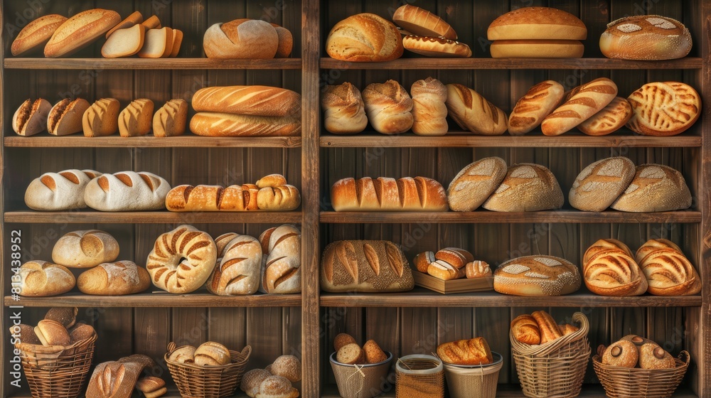 Poster A variety of fresh loaves of bread are neatly arranged on a rustic wooden shelf, showcasing the craftsmanship and quality of each type. Generative AI