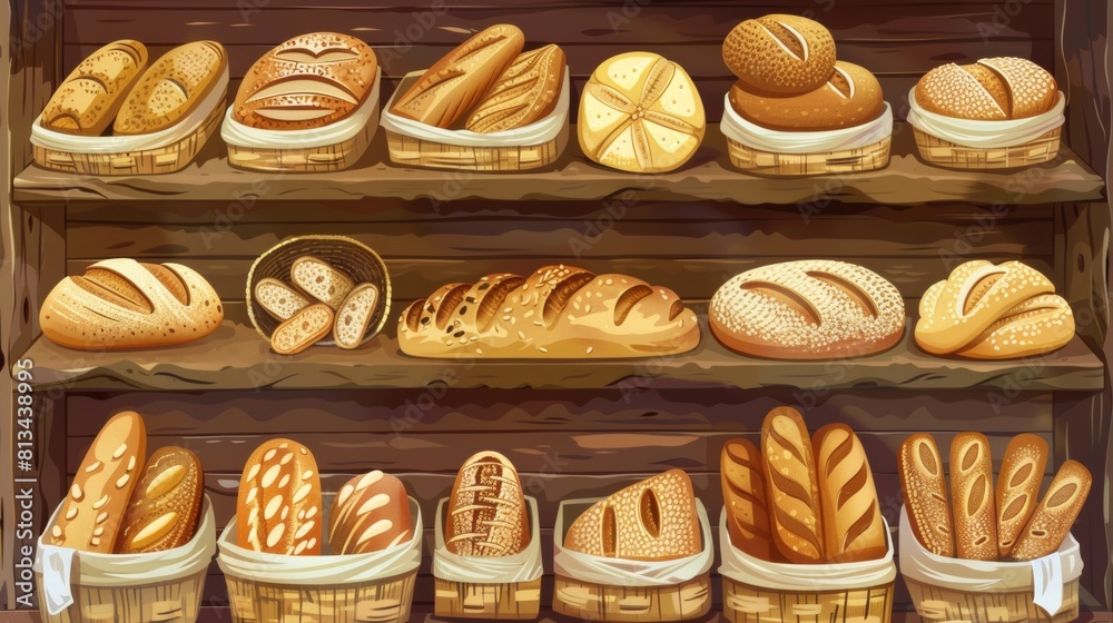 Poster Array of fresh bread loaves and rolls neatly arranged in baskets on a rustic wooden shelf in a cozy bakery setting. Generative AI