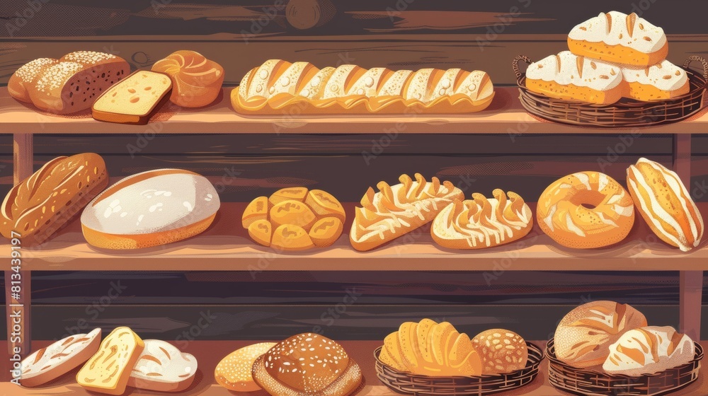 Poster A colorful and inviting display of various types of freshly baked bread on a wooden shelf in a bakery setting. Generative AI