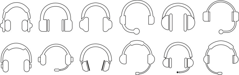 Headphones music speakers Set. Headphones earphones icons black line styles editable stock for web sites designs and mobile dark mode apps isolated on transparent background. Customer service support.