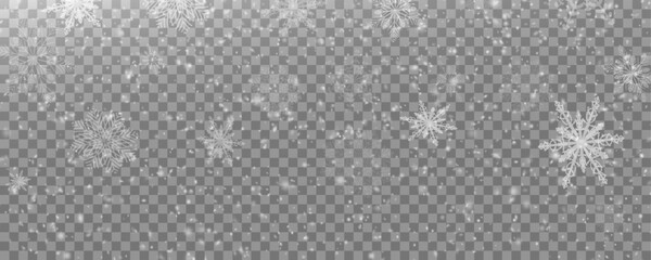 Christmas background with small falling snowflakes. Snow storm effect, blurred, cold wind with snow png. Holiday powder snow for cards, invitations, banners, advertising.