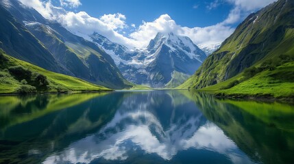lake nestled amidst towering snow-capped mountains, reflecting the azure sky above and  lush greenery,  tranquil clarity to  the beauty and tranquility of nature's untouched landscapes.