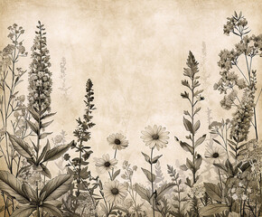 Vintage botanical print, featuring various plants and flowers . AI generative.