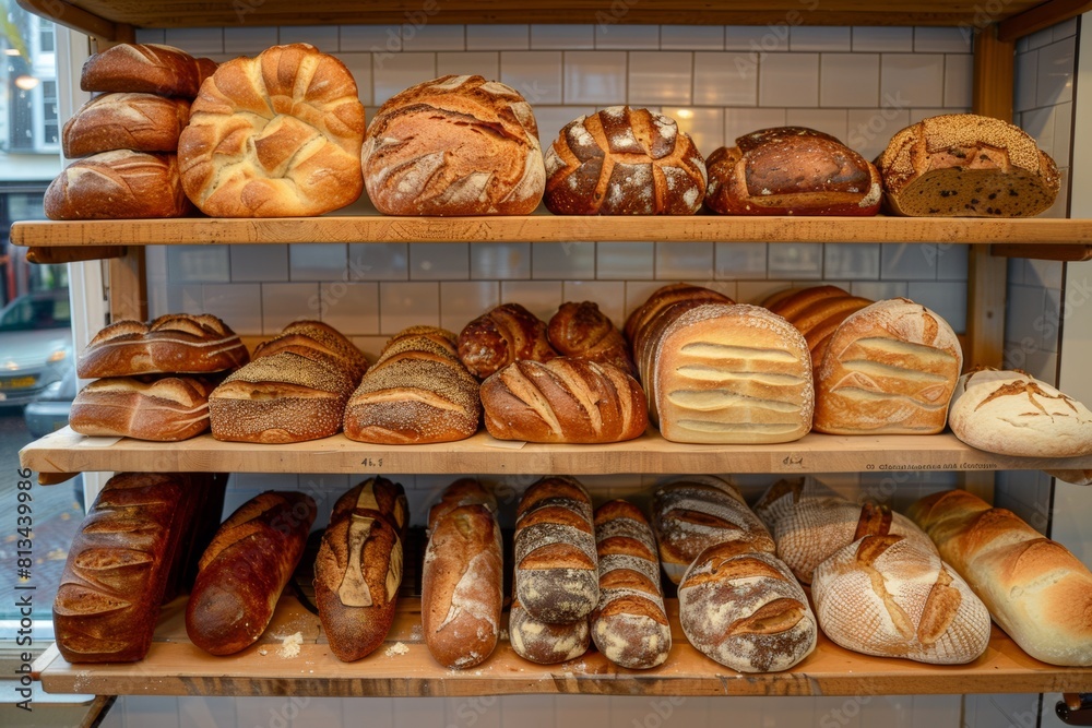Poster a variety of fresh bread is neatly arranged on shelves in a bakery, showcasing an assortment of deli
