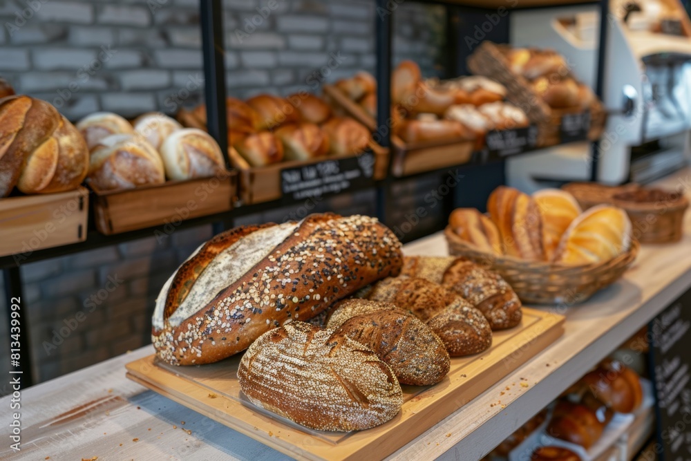 Aufkleber Step into a world of bread bliss at a bakery filled with a vibrant display of various artisanal loaves and rolls. Generative AI