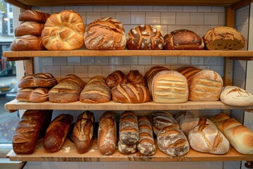 A variety of fresh bread is neatly arranged on shelves in a bakery, showcasing an assortment of delicious and aromatic baked goods. Generative AI