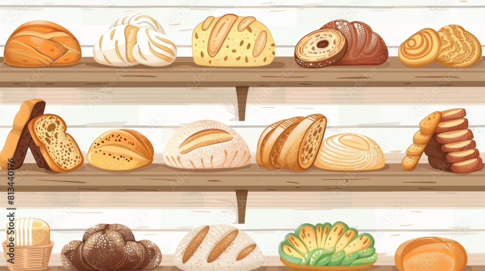 Poster various types of freshly baked breads line a rustic wooden shelf at a charming bakery, showcasing a 