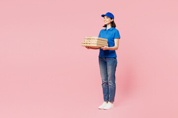 Full body delivery employee woman wearing blue cap t-shirt uniform workwear work as dealer courier...