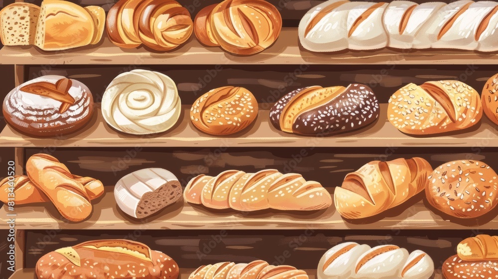 Poster A diverse selection of freshly baked bread displayed on a shelf in a harmonious arrangement. Generative AI