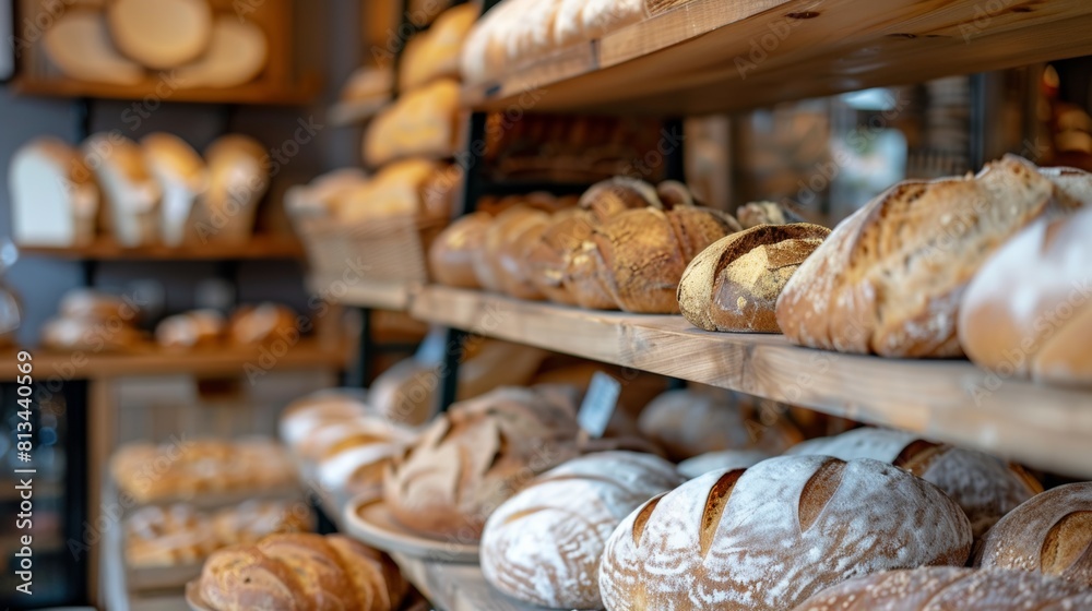 Poster discover a bakerys shelves filled with delectable, freshly baked bread varieties ranging from sourdo