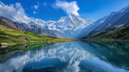 A serene lake nestled amidst towering snow-capped mountains, reflecting the azure sky above and  lush greenery, and tranquility of nature's untouched landscapes.