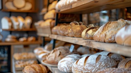 Discover a bakerys shelves filled with delectable, freshly baked bread varieties ranging from sourdough to baguettes. Generative AI
