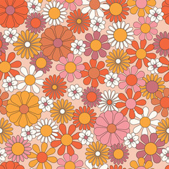 Groovy flowers vector illustration, hippie aesthetic. Psychedelic wallpaper. Colorful floral seamless pattern. Funny multicolored print for fabric, paper, any surface design.
