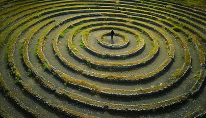 A single person walking in a labyrinth garden, metaphor for the complex journey through depression and recovery