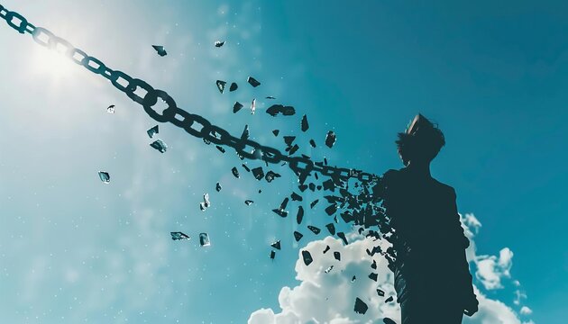 A symbolic image of broken chains next to a person, representing breaking free from the bonds of depressive disorder