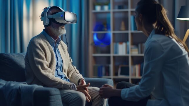A therapist using virtual reality goggles to treat a patient with depression, exploring new forms of therapy