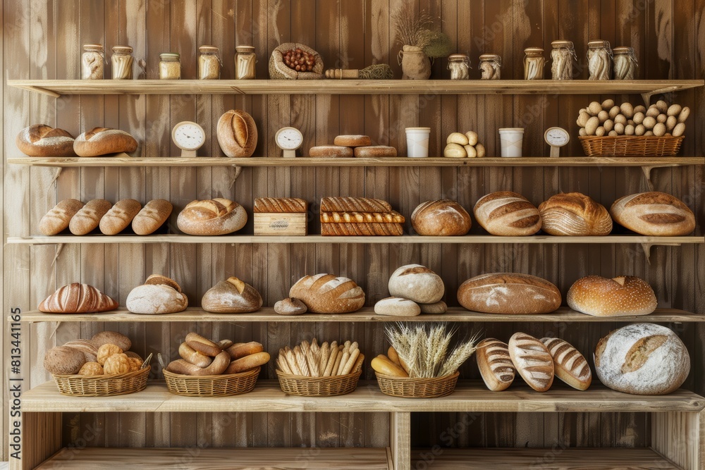 Poster A selection of artisanal bread displayed neatly on shelves in a quaint bakery setting, showcasing a variety of freshly baked loaves. Generative AI