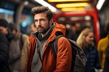 Stylish man in winter attire waiting in crowded subway station
