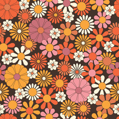 Groovy flowers vector illustration, hippie aesthetic. Psychedelic wallpaper. Colorful floral seamless pattern. Funny multicolored print for fabric, paper, any surface design.