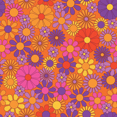 Groovy flowers vector illustration, hippie aesthetic. Psychedelic wallpaper. Colorful floral seamless pattern. Funny multicolored print for fabric, paper, any surface design.