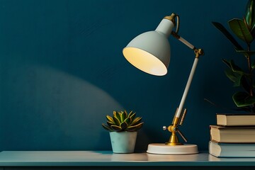 Lamp, books, and succulent plant on white wall background.