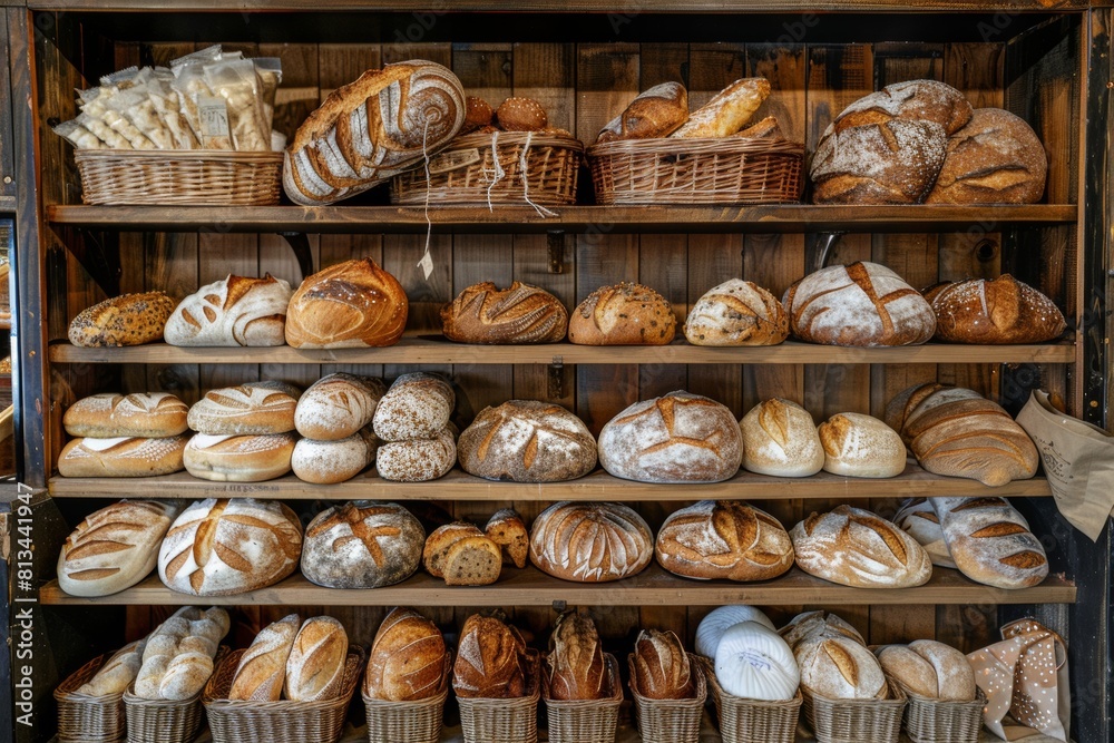 Poster a variety of freshly baked bread displayed on shelves in a cozy bakery. from crusty baguettes to flu