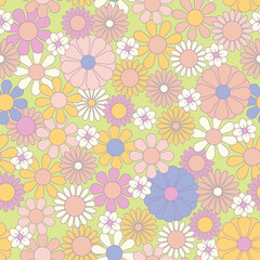Groovy flowers vector illustration, hippie aesthetic. Psychedelic wallpaper. Colorful floral seamless pattern. Funny multicolored print for fabric, paper, any surface design.