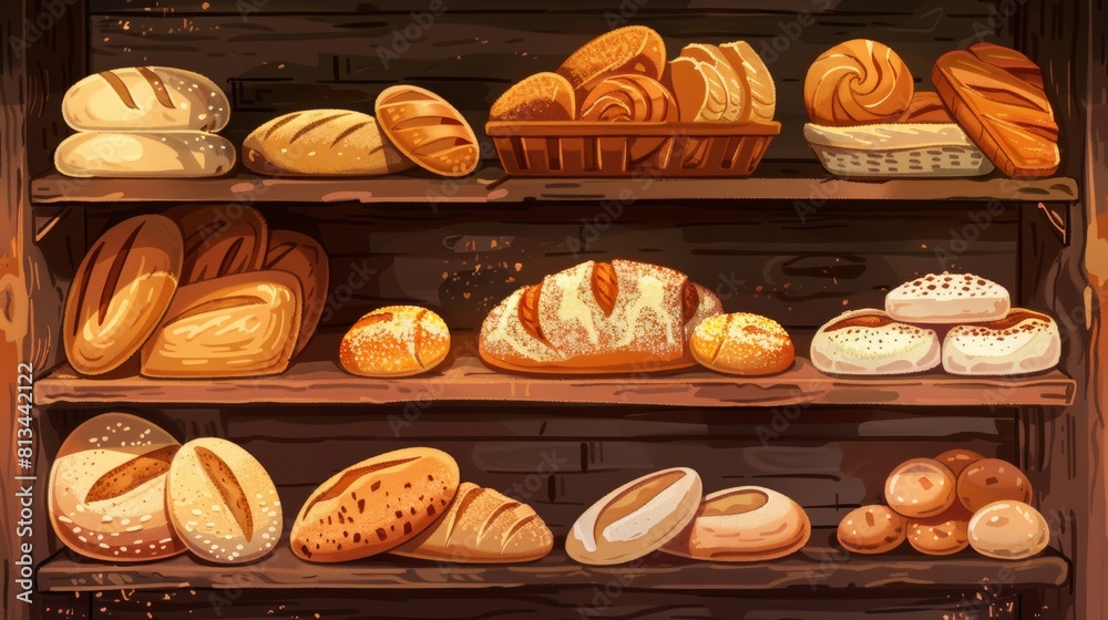 Poster shelves in a bakery filled with an assortment of fresh loaves of bread, showcasing a variety of shap