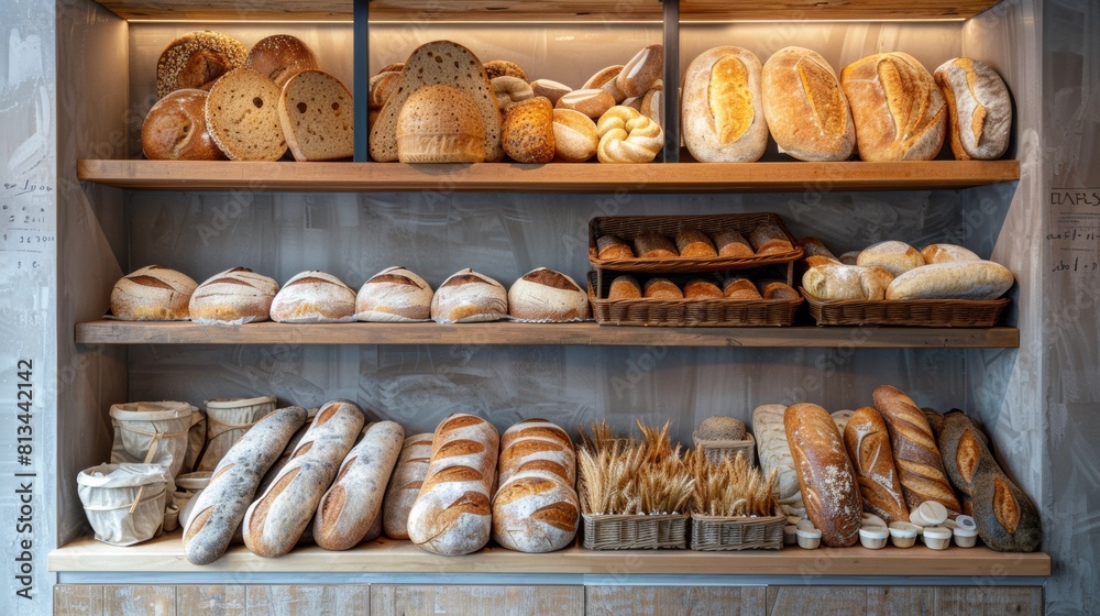 Poster Various types of fresh bread line the shelves of a bakery, creating a visually appealing display of a wide selection of delicious baked goods. Generative AI