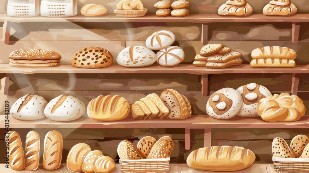 Poster A bakery filled with a colorful array of freshly baked bread loaves displayed neatly on shelves. Generative AI