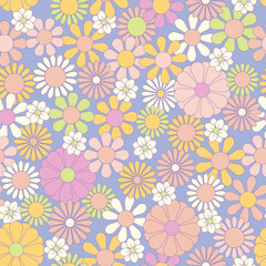 Groovy flowers vector illustration, hippie aesthetic. Psychedelic wallpaper. Colorful floral seamless pattern. Funny multicolored print for fabric, paper, any surface design.