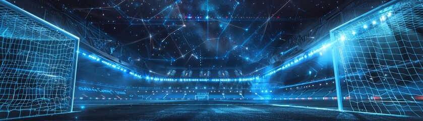Obraz premium A futuristic soccer stadium with smart goalposts that tally scores automatically and display holographic replays, set under a starry hologramfilled sky, with copy space