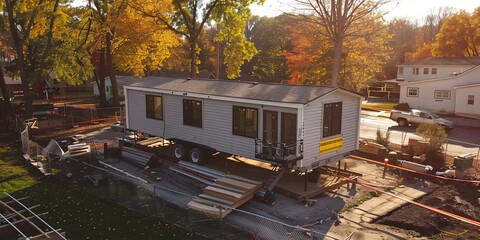 An Overhead Perspective of a Factory-Made, Transportable, Modular Dual Wide Residence Being Set Up on a Plot in a Community