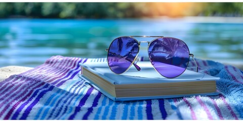 Summer reading concept with sunglasses and book on a beach towel. Concept Summer, Reading, Sunglasses, Beach Towel, Book