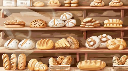 A bakery filled with a colorful array of freshly baked bread loaves displayed neatly on shelves. Generative AI