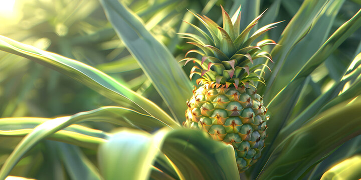 A pineapple is growing in a field with a blue sky in the background, Juicy Pineapple Ripening in Field Against Clear Blue Sky