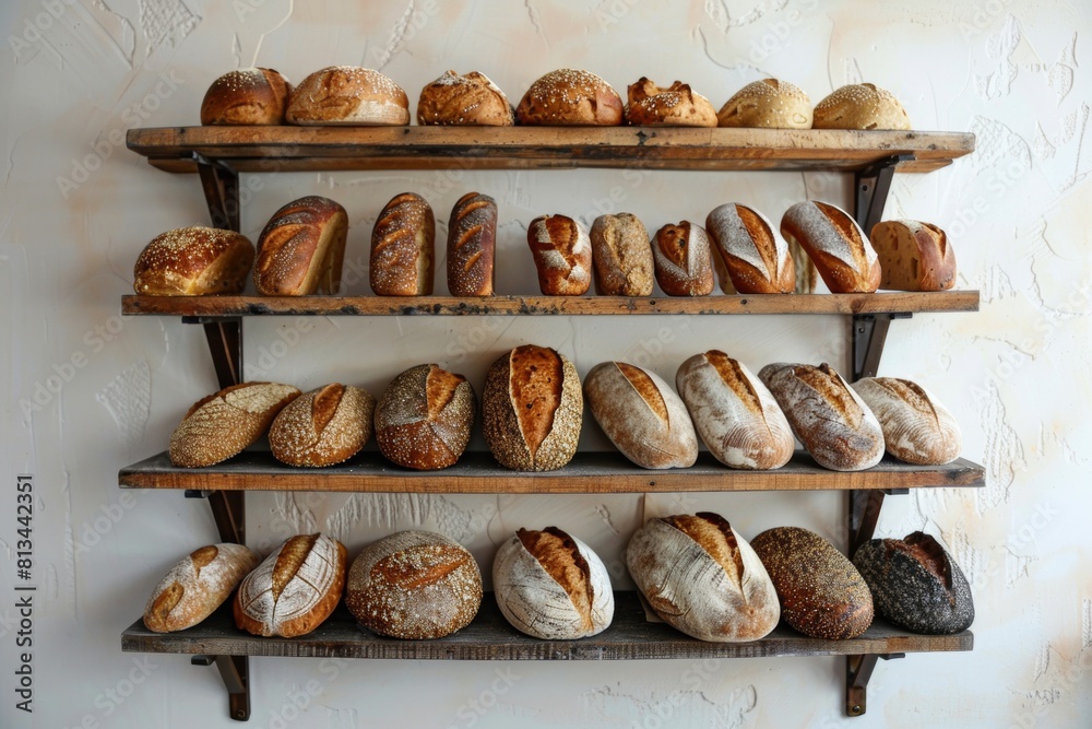 Poster A delightful array of fresh loaves of bread neatly lined up on shelves, showcasing the variety and quality of baked goods available. Generative AI